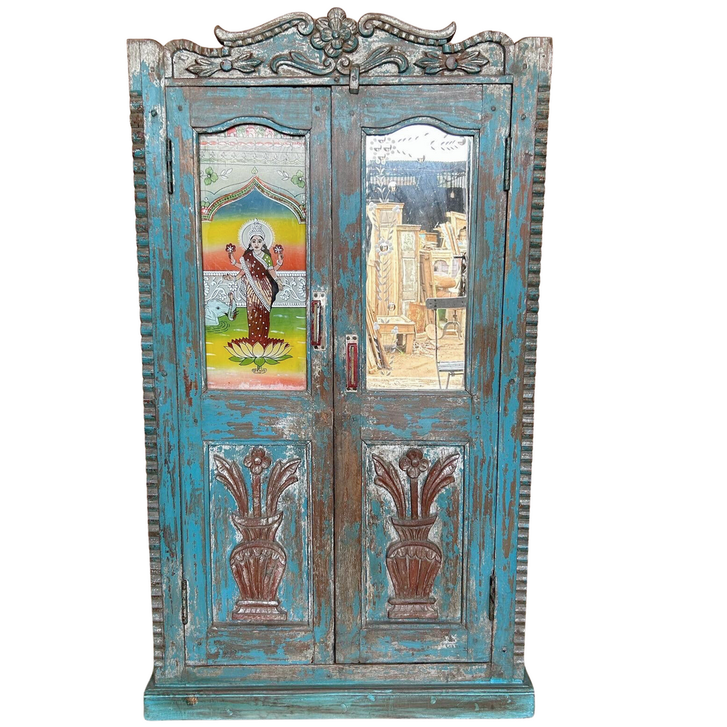 Wooden Almira with Intricate Carving & Picture of Lord Shiva (95x38x153cms) FUR527