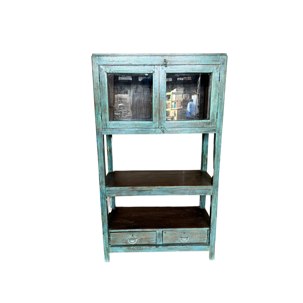 FUR555 Wooden Teak Showcase Rack with Two Doors & Open Shelves (95w 39d 136h)