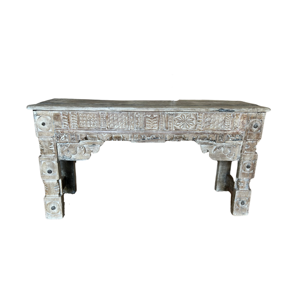 Whitewash Wooden Console Table with Carved Front Panels (138w 41d 74h) FUR568