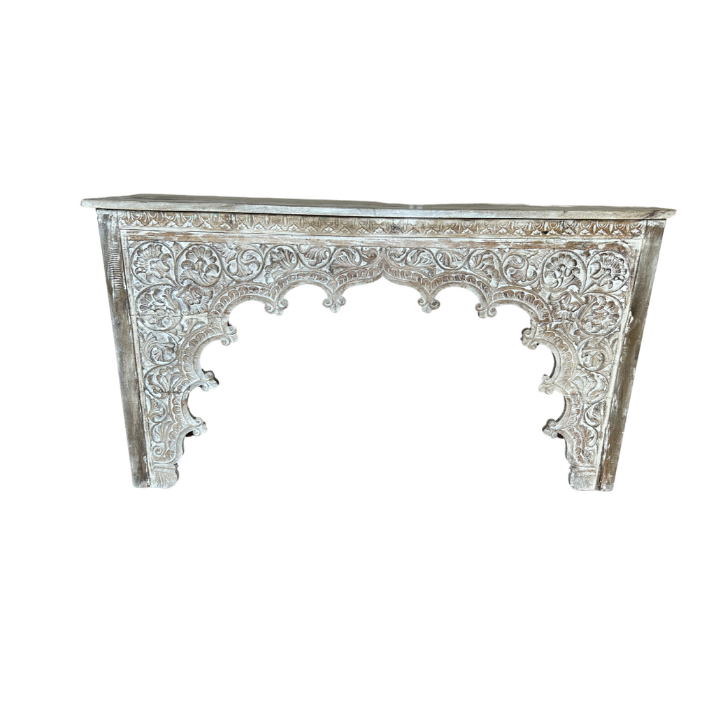 Whitewash Wooden Console Table with Carved Front Panels (152w 41d 85h) FUR569