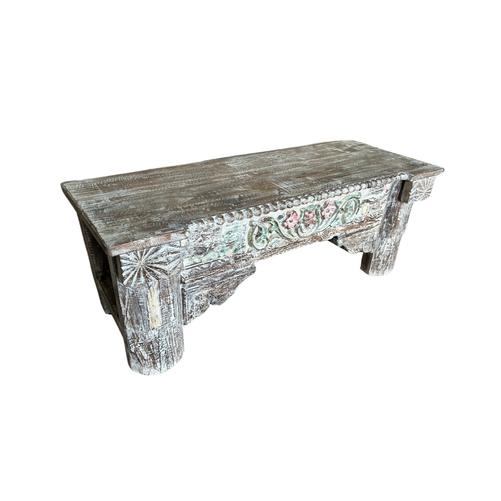 Wooden Coffee Table / Bench with Lovely Carving (122w 45d 45h) FUR582