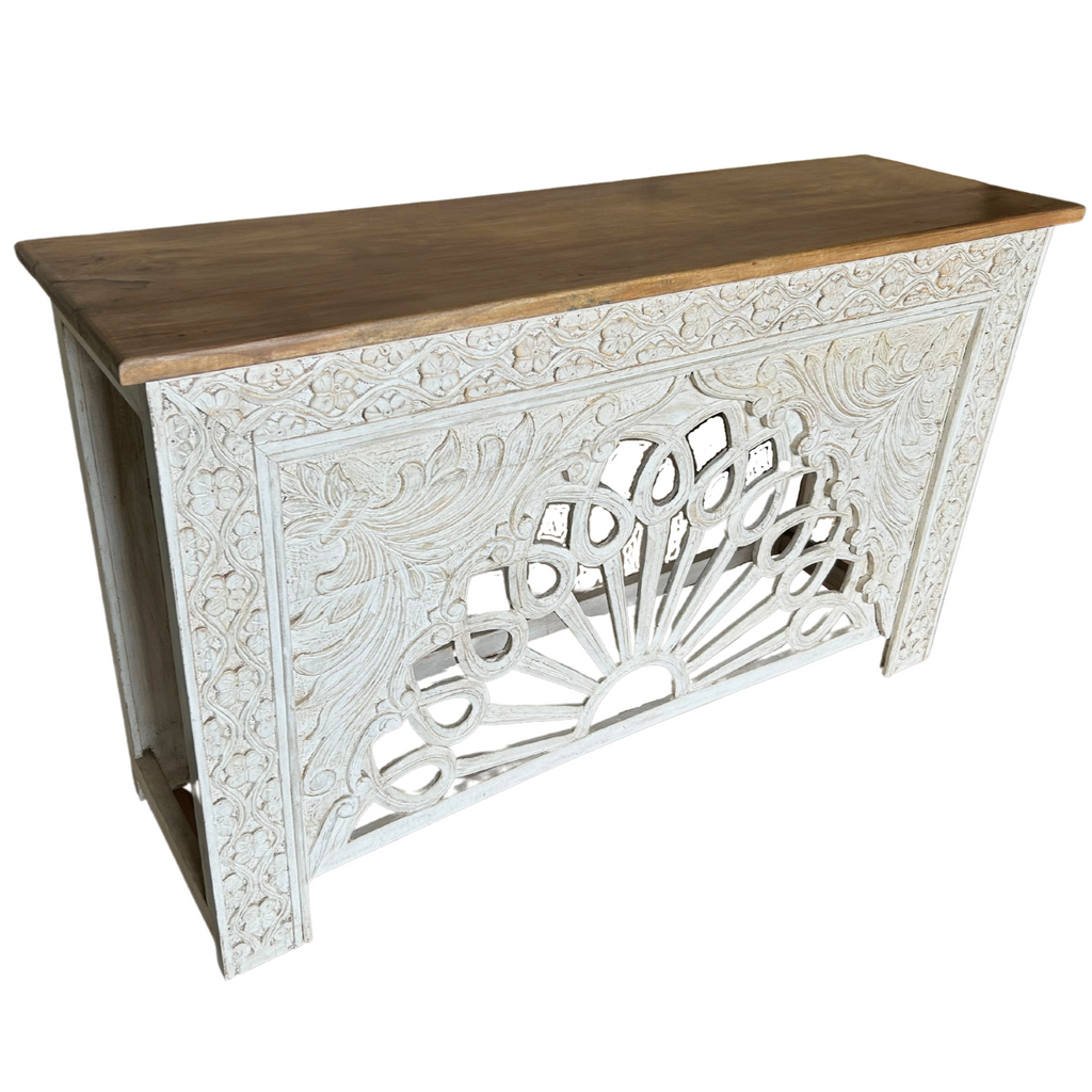 Whitewash Wooden Console Table with Intricate Carving (152w 45d 90h) FUR549