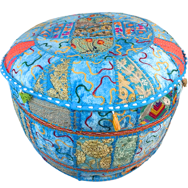 5HW Velvet Patchwork Ottoman Aqua 55x55x30cms HW650