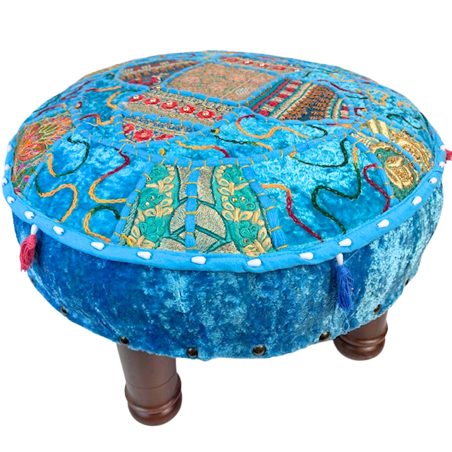 5HW Velvet Patchwork Stool Aqua 40x40x20cms HW649
