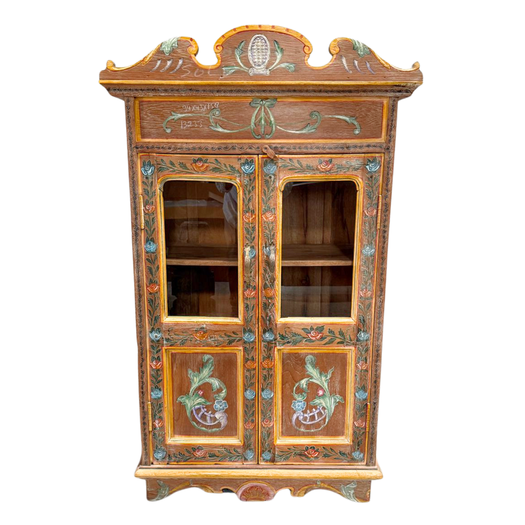 FUR651 Wooden Almirah Glass Doors Hand Painting (94w x 43d x 158h cms)