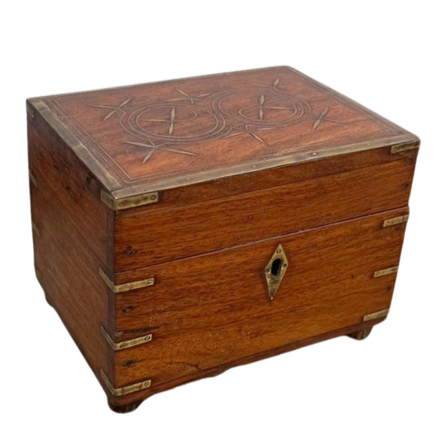 FUR650 Jewellery Box with Brass features, internal Mirror and Caving (15w x 11d x 11h cms)