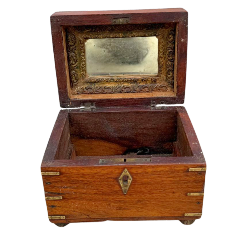 FUR650 Jewellery Box with Brass features, internal Mirror and Caving (15w x 11d x 11h cms)