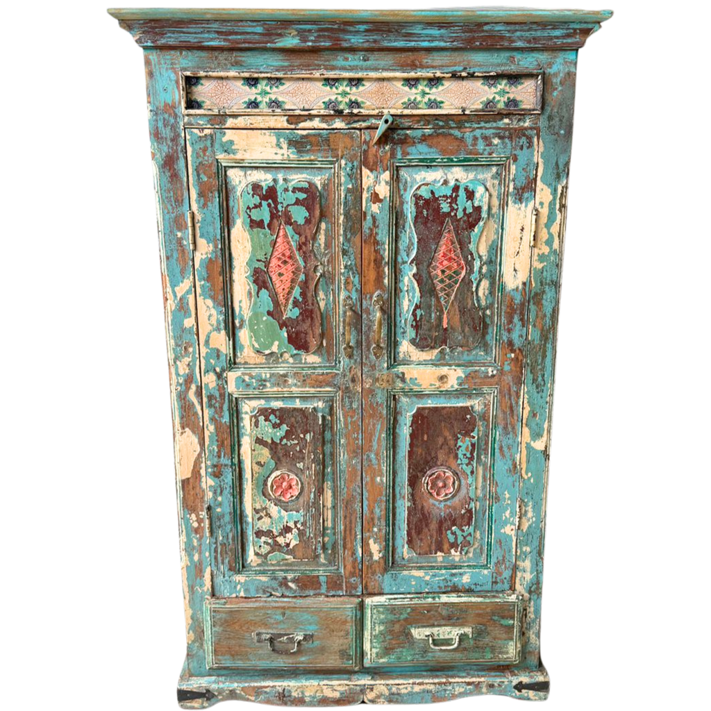 FUR655 Wooden Cupboard Featured Tiles plus 2 Drawers (92w x 45d x 152h cms)