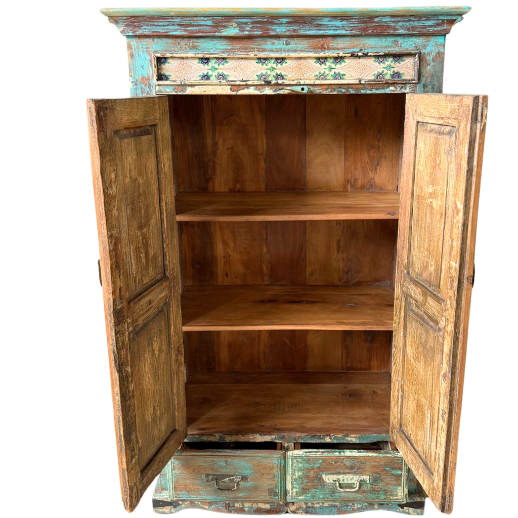 FUR655 Wooden Cupboard Featured Tiles plus 2 Drawers (92w x 45d x 152h cms)