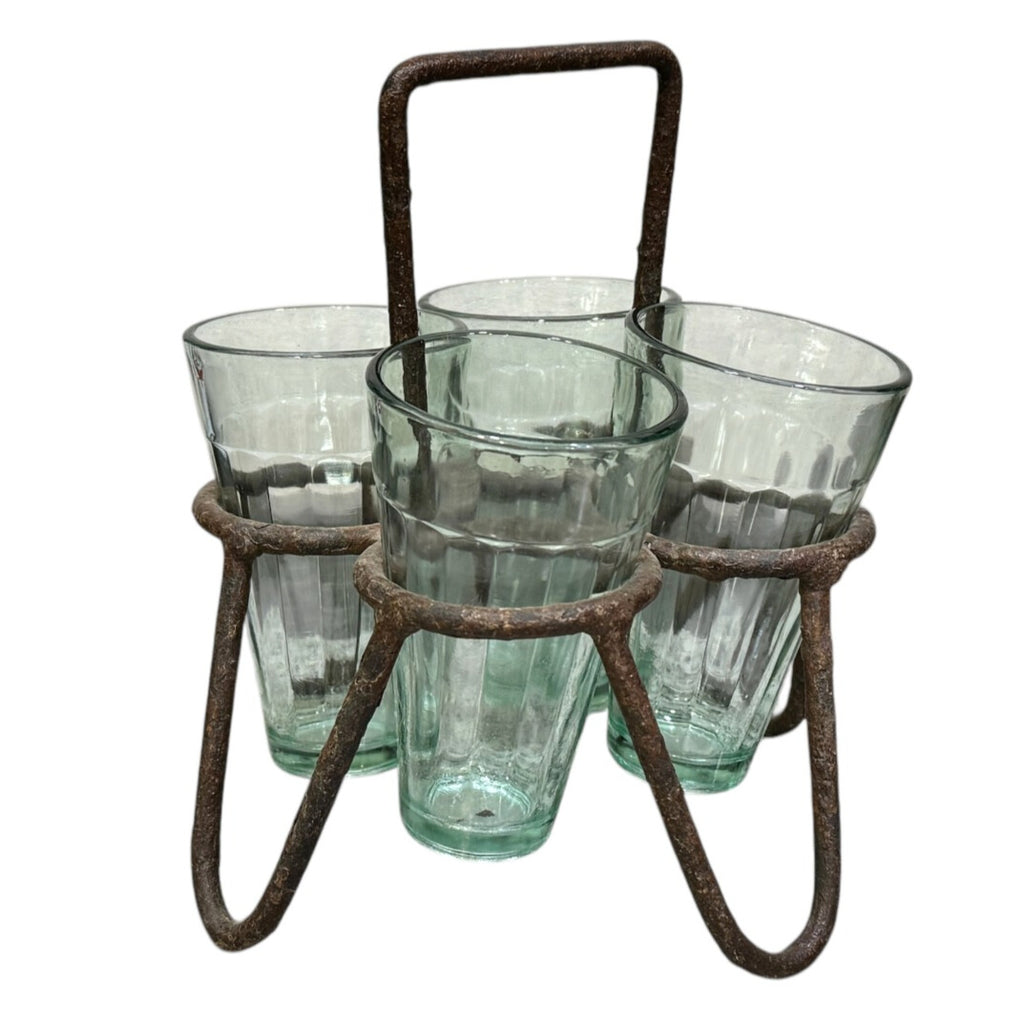UNC052 Chai Tea Iron Holder with Four Glass Cups 18x18x19cms