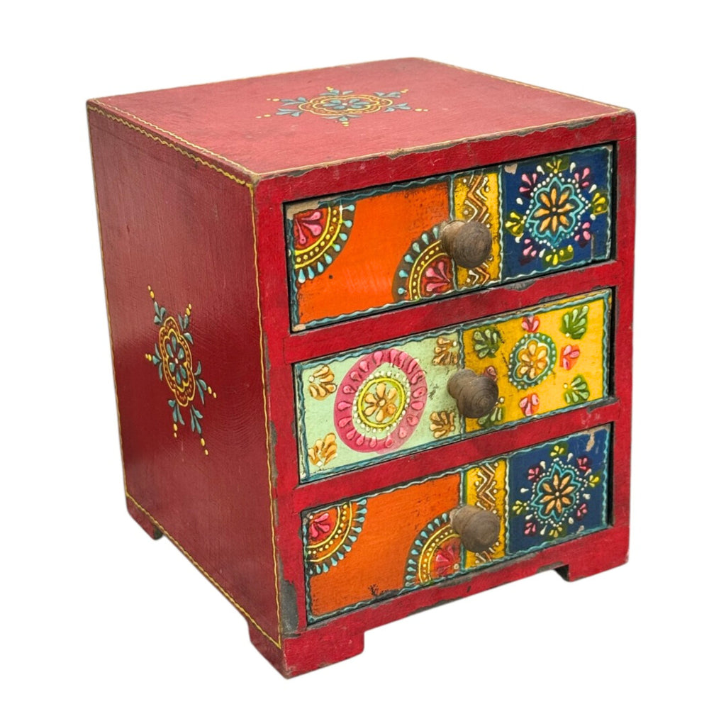 1GW Trinket Box Wooden Hand Painted with Three Drawers GW646 13x13x15cms