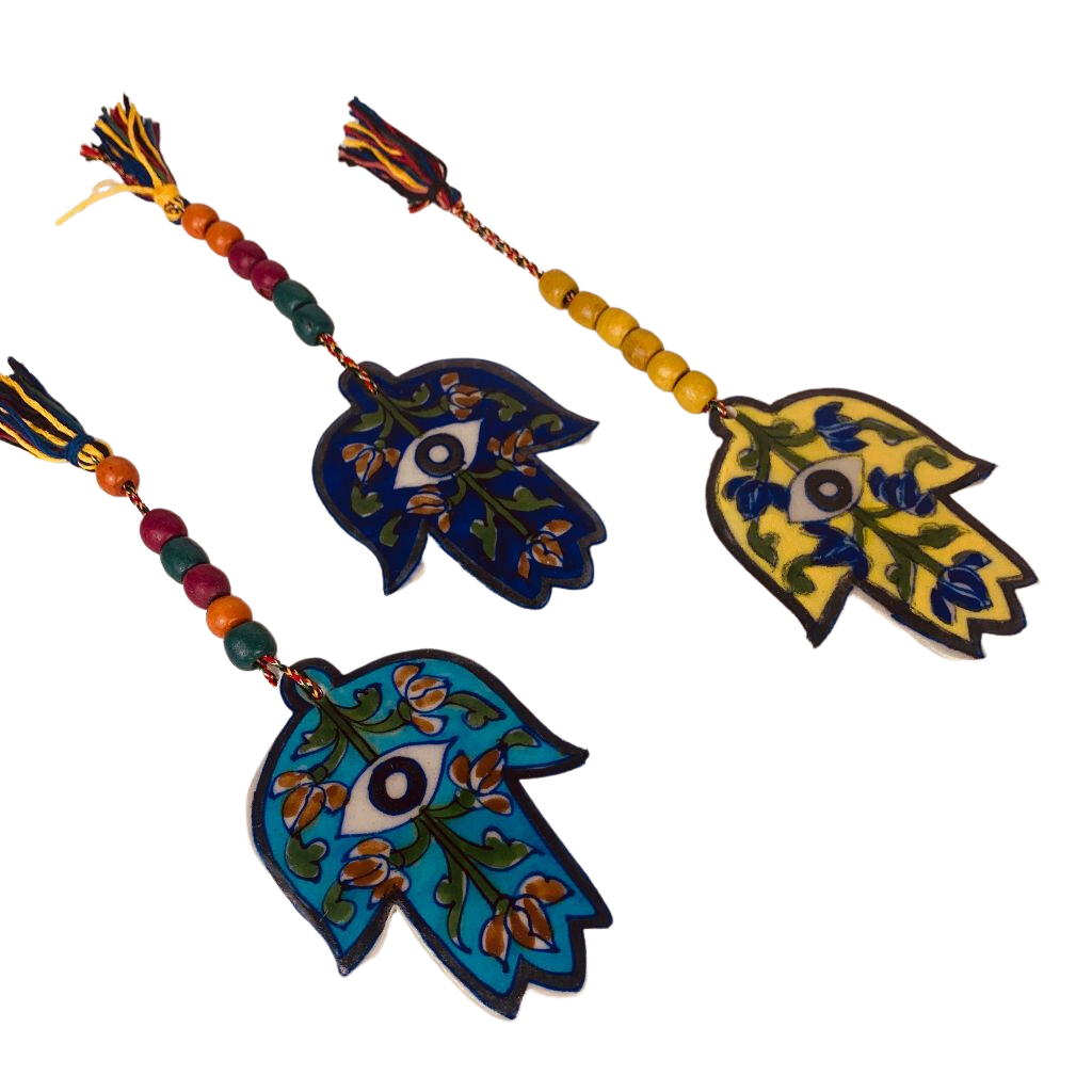 4JBP Jaipur Blue Pottery Hamsa Eye Hanger 8x11cms