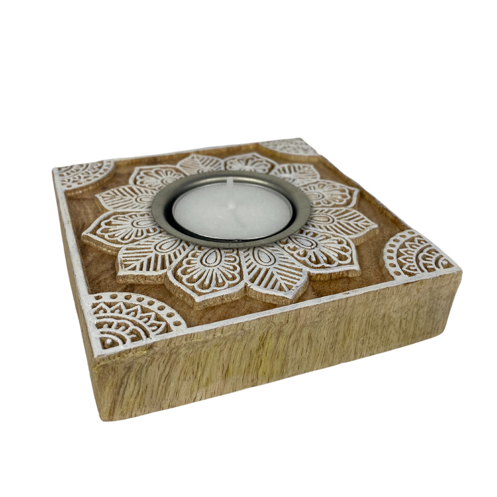 1GW Wooden Block T Light Candle Holder Square Mandala GW459