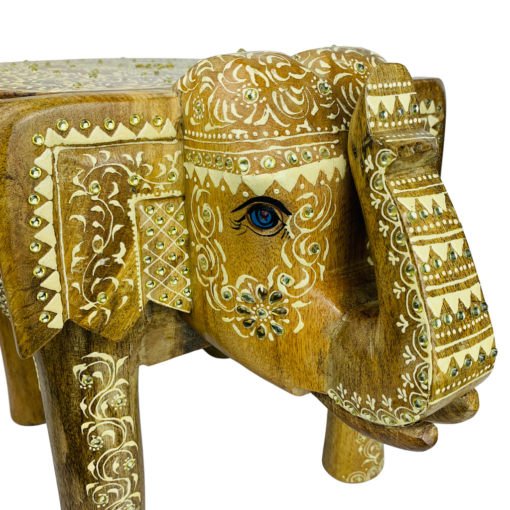 Elephant Wooden Stool. Hand Painted White Design 38cms wide GW477