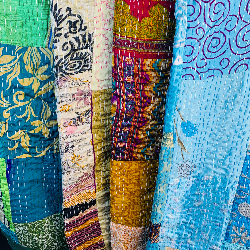 5HW Silk Patchwork Kantha Stitched Bedspreads 220x270cms