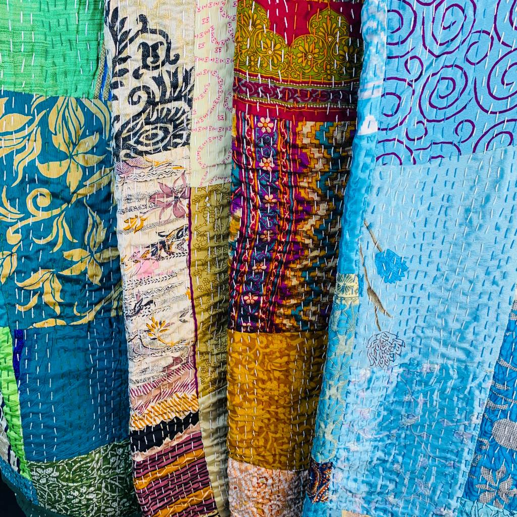 Silk Patchwork Kantha Stitched Bedspreads 220x270cms