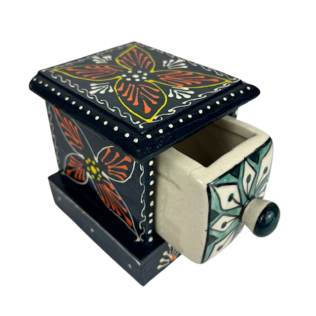 1GW Ceramic Single Drawer Dark Blue with Hand Painting 9x10x10cms GW557