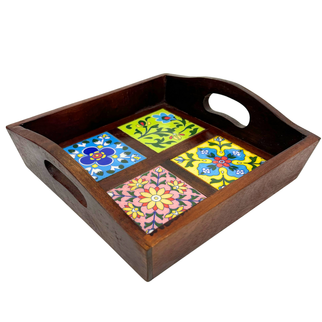 Wooden Tray with Four Tiles Inlayed 22x22cms GW562