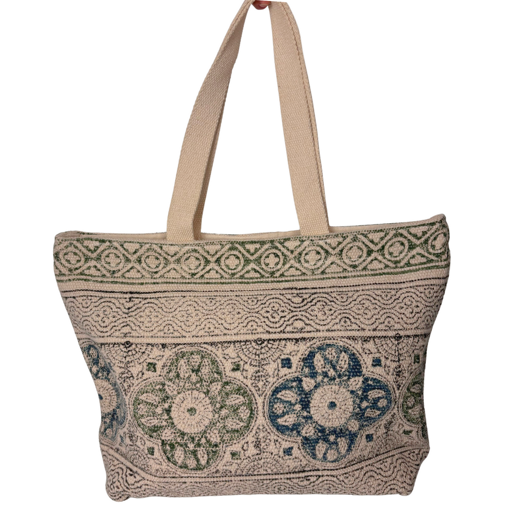 6F199 Tote Bag 100% Cotton With Hand Block Printed 50x30x15cms