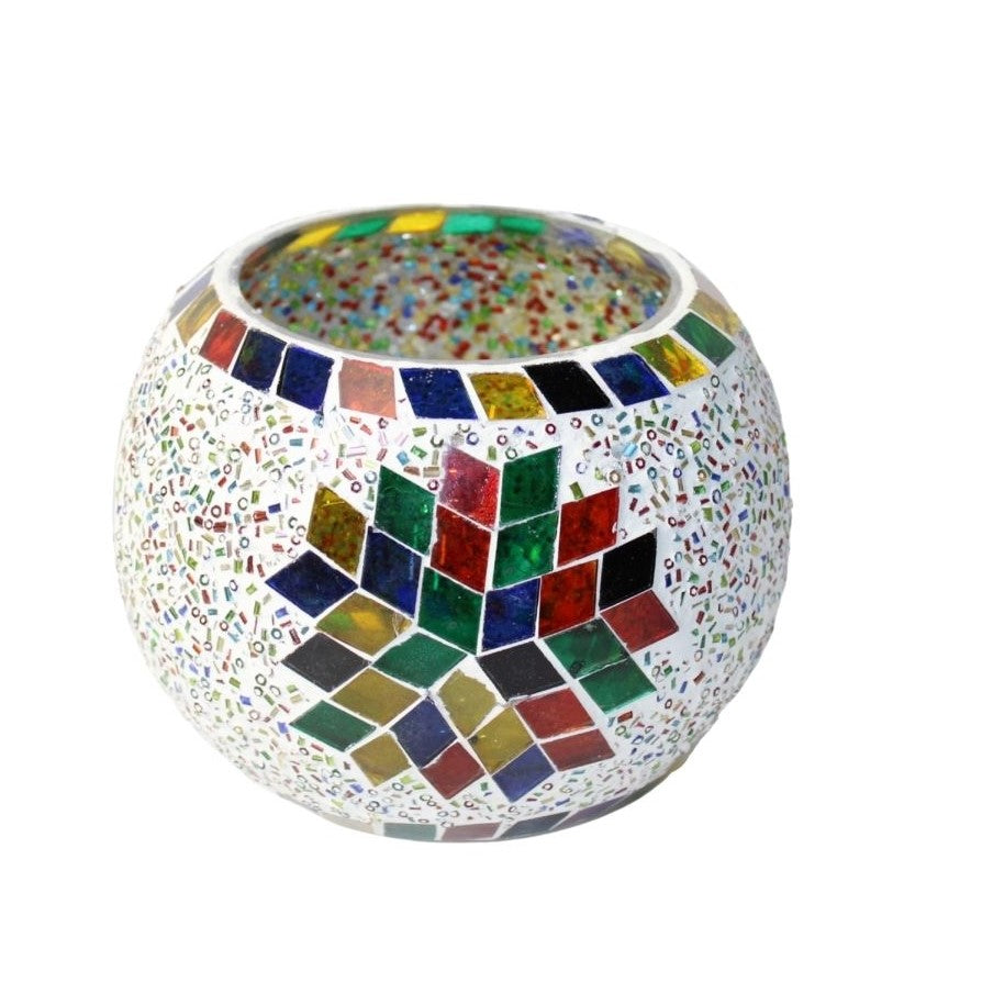 1GW Mosaic Candle Holder White With Mirror Tiles
