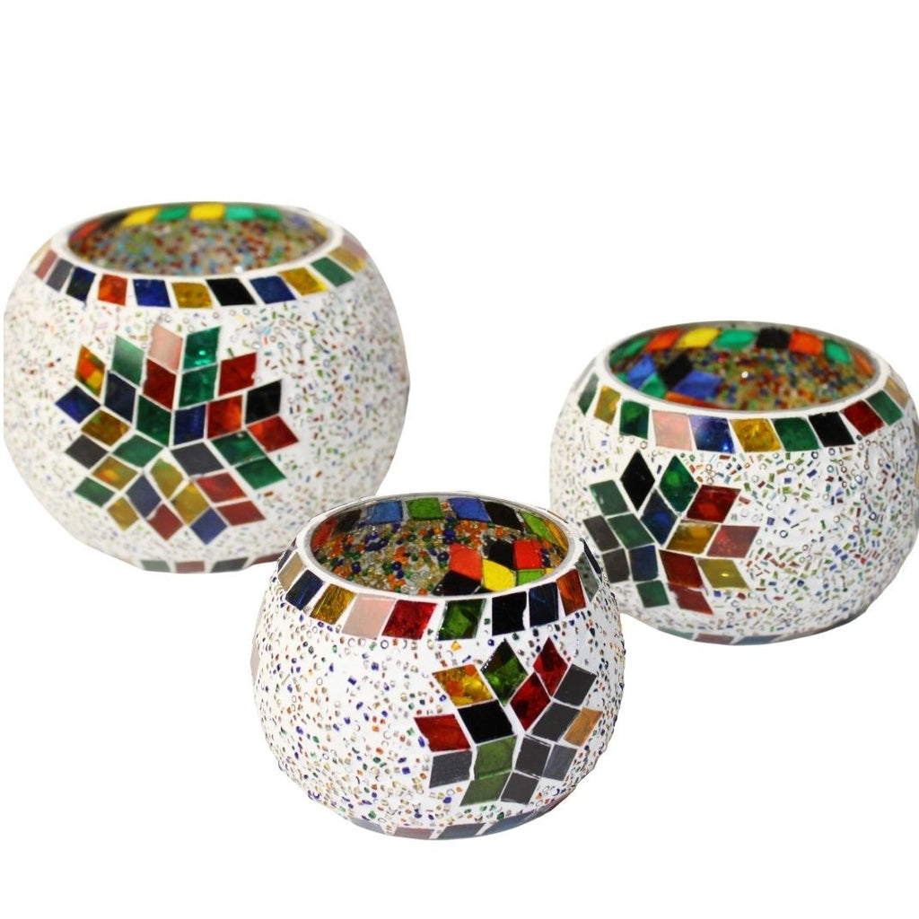 1GW Mosaic Candle Holder White With Mirror Tiles
