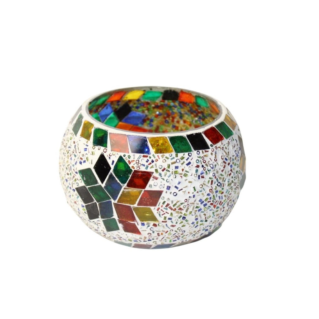 1GW Mosaic Candle Holder White With Mirror Tiles