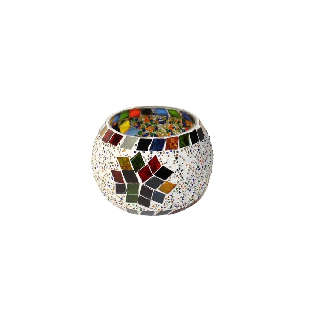 1GW Mosaic Candle Holder White With Mirror Tiles