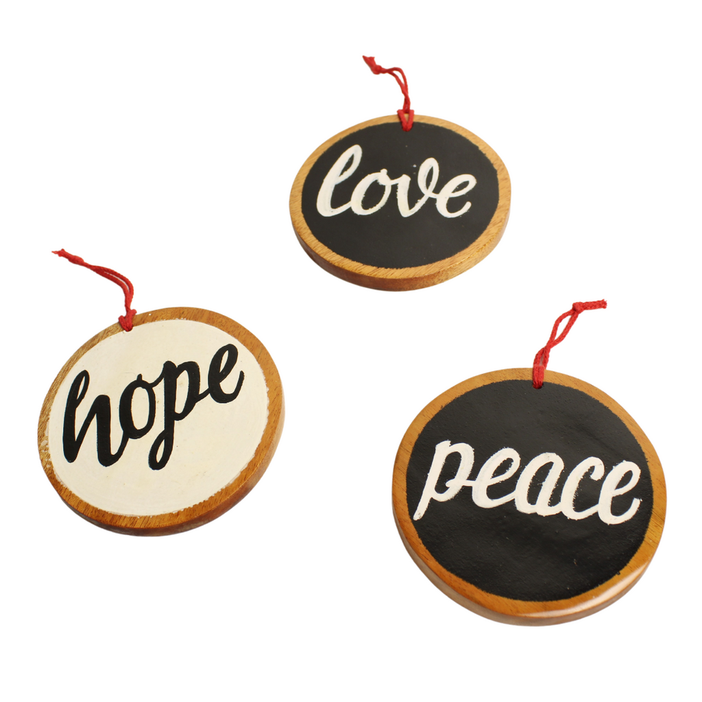 Love, Hope and Peace Decorations. Pack of 3, 10cm