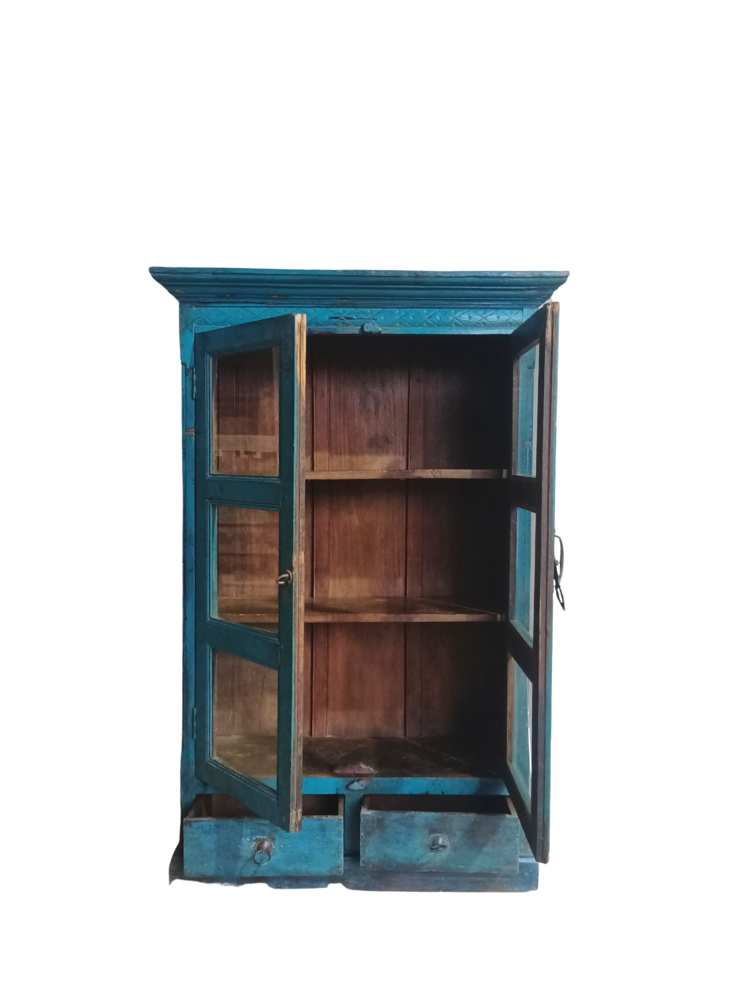 Solid Timber Cupboard with Glass Panel doors & 2 Drawers (82w32d129h