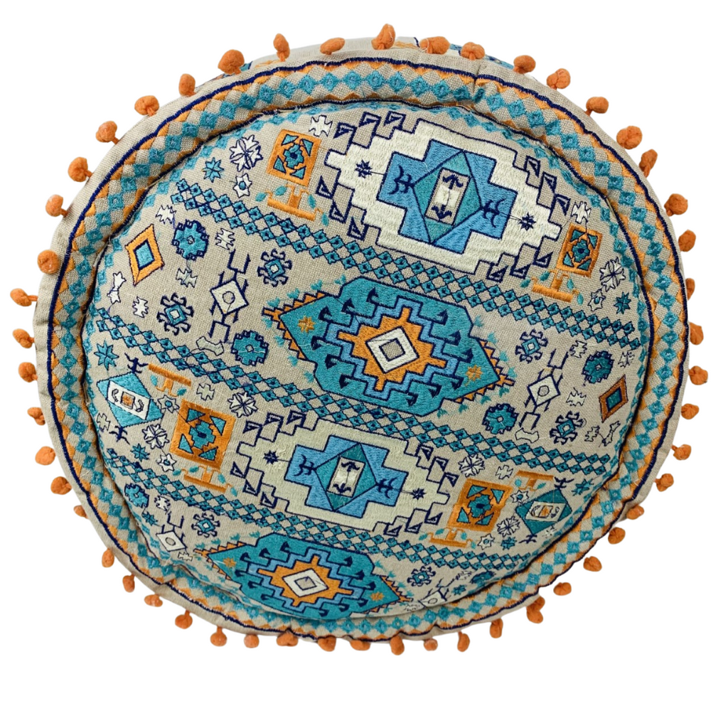 Ottoman / Pouffe Foot Rest Geometric with Orange Pompoms (40x40x20cms) HW271