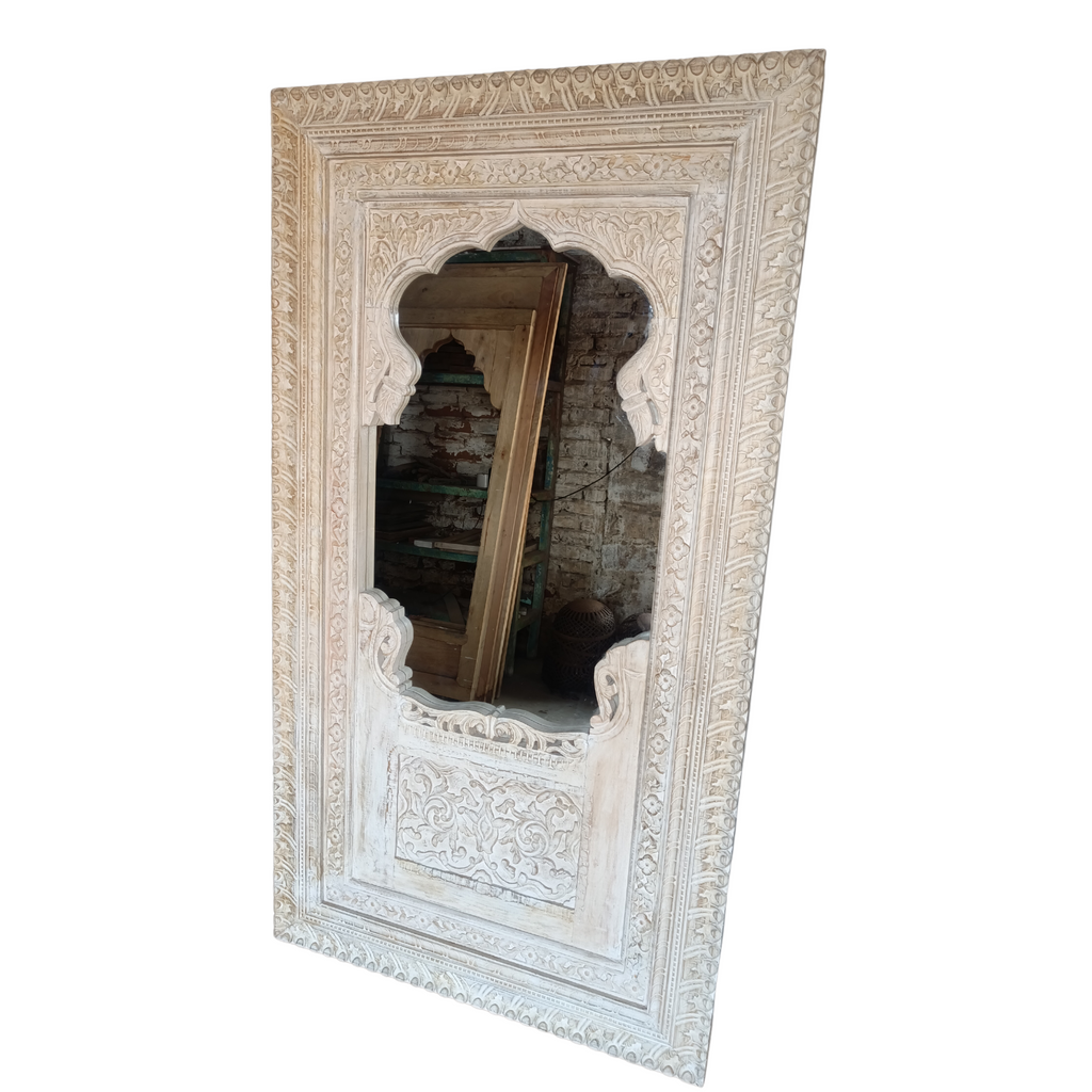 White washed wooden mirror frame with beautiful carving FUR389 (100w4d190h)