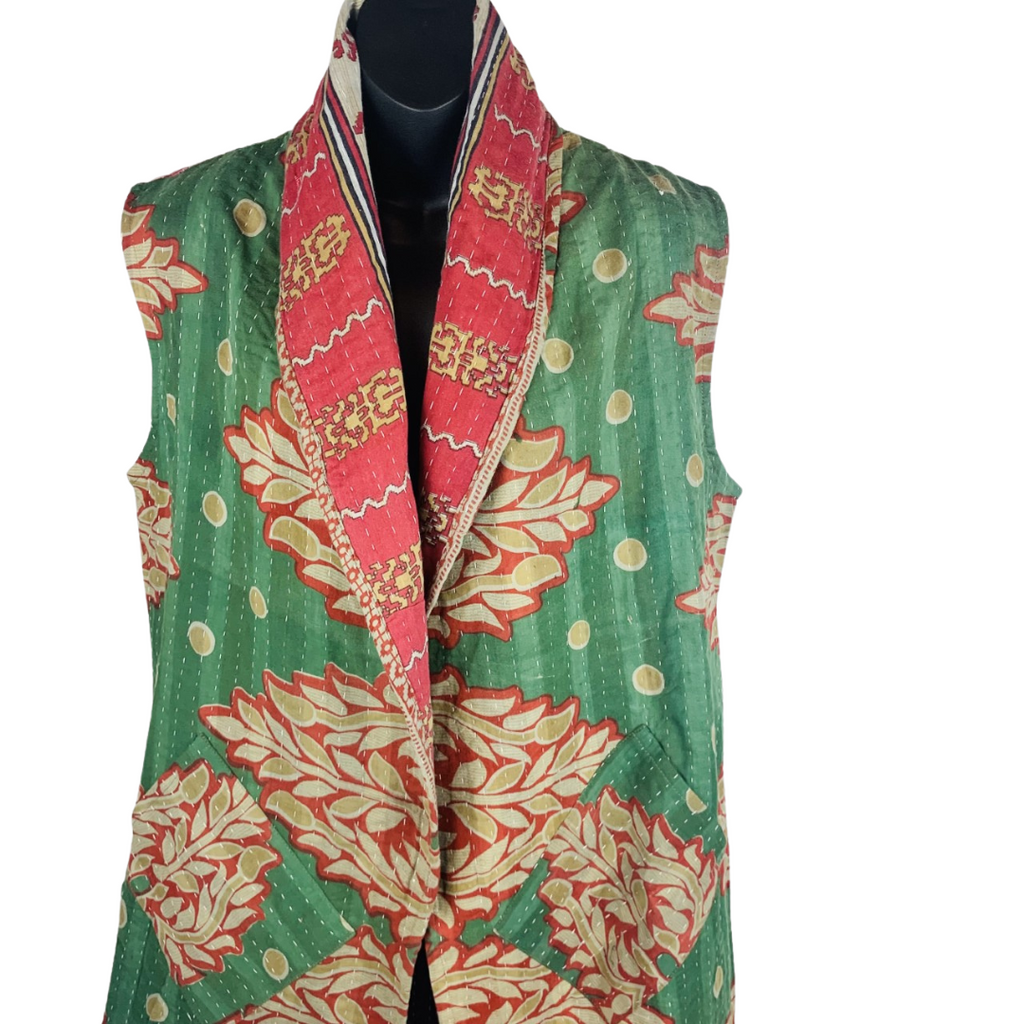 Vintage Kantha Vest Jacket with Collar LONG S-M and M-L