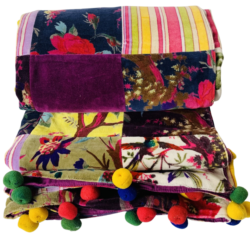 5HW Velvet Cotton Patchwork Throw with multi coloured Pompoms 120x150cms HW279