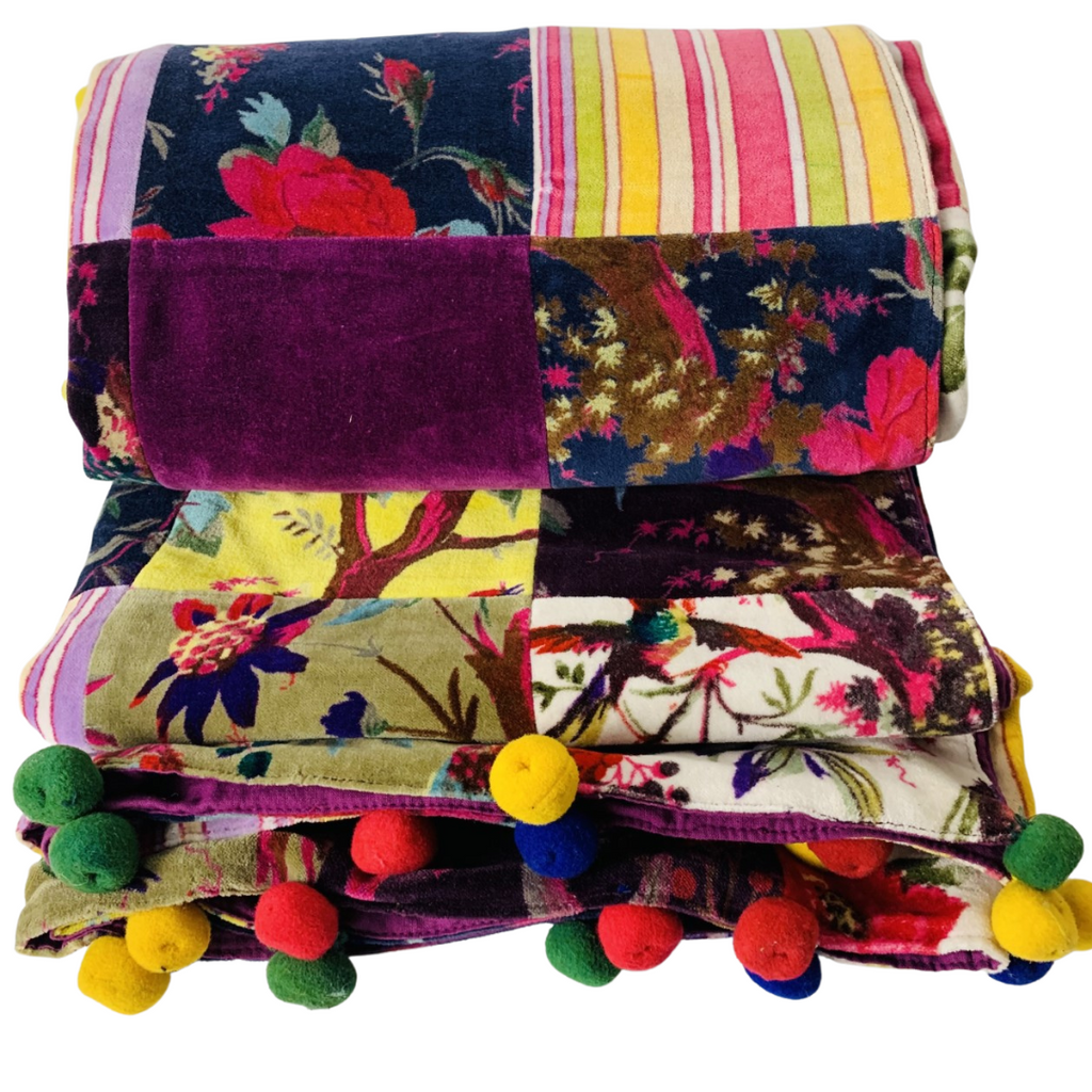 Velvet Cotton Patchwork Throw with multi coloured Pompoms 120x150cms HW279